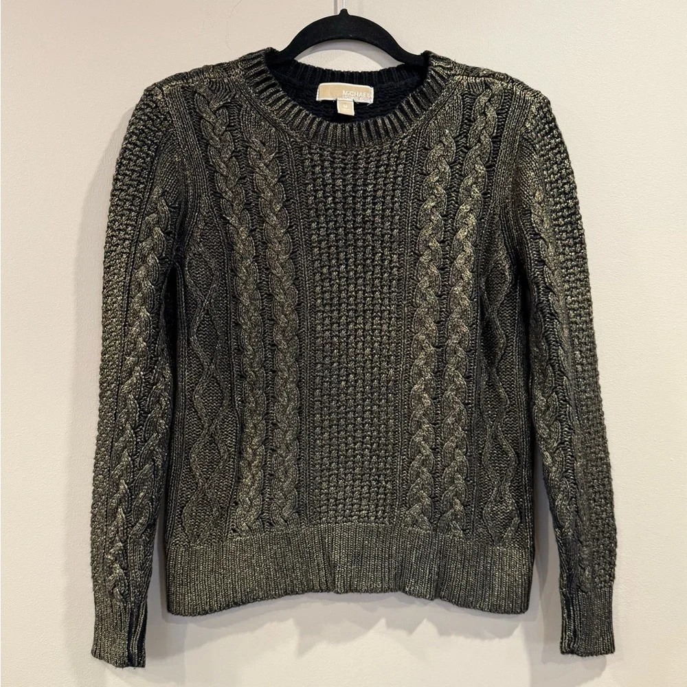 🔥Michael Kors Women’s Black with Gold shimmer Cable Knit Sweater Sz M Like New🔥